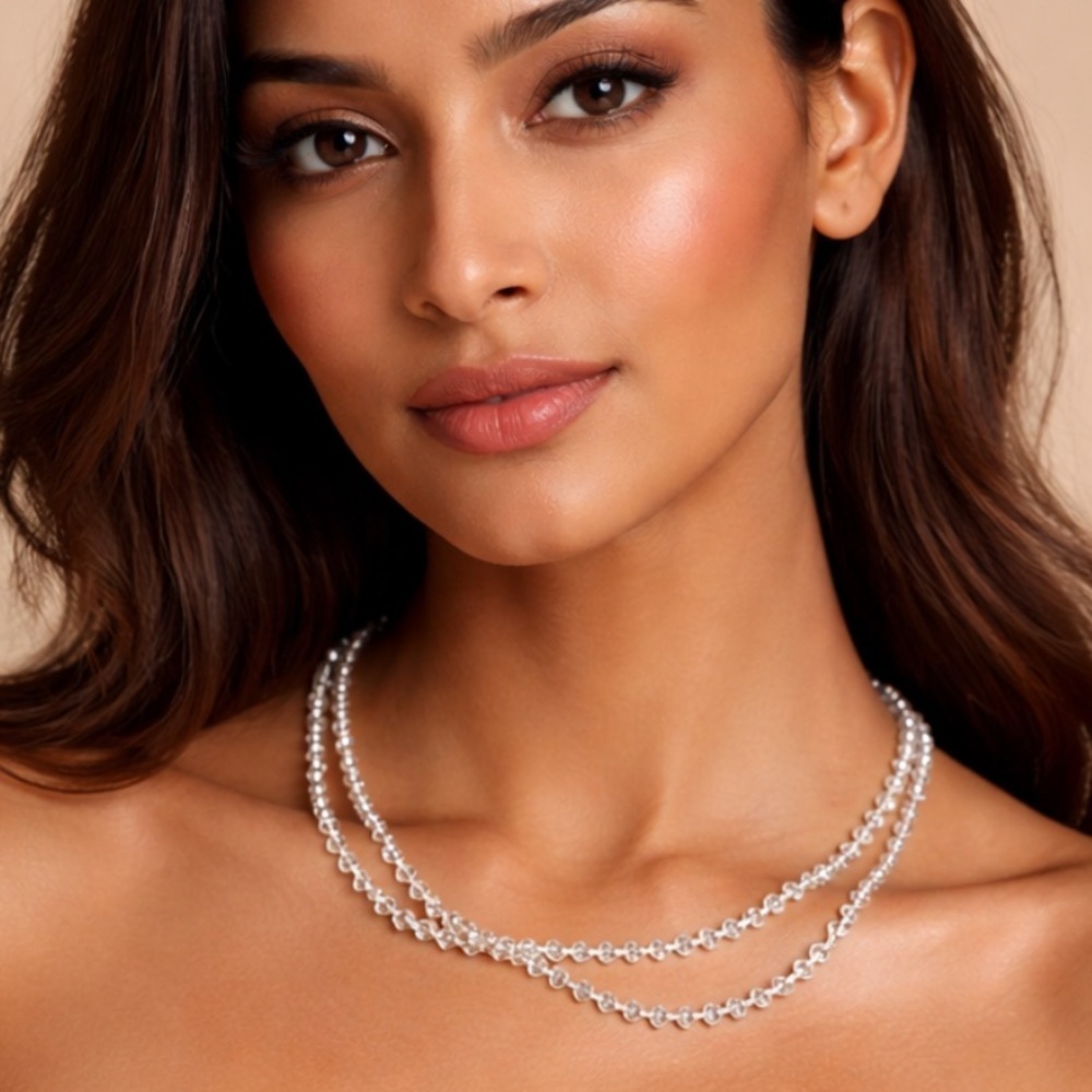Crystal Double Strand Necklace – Clear Faceted Beaded Layered Statement